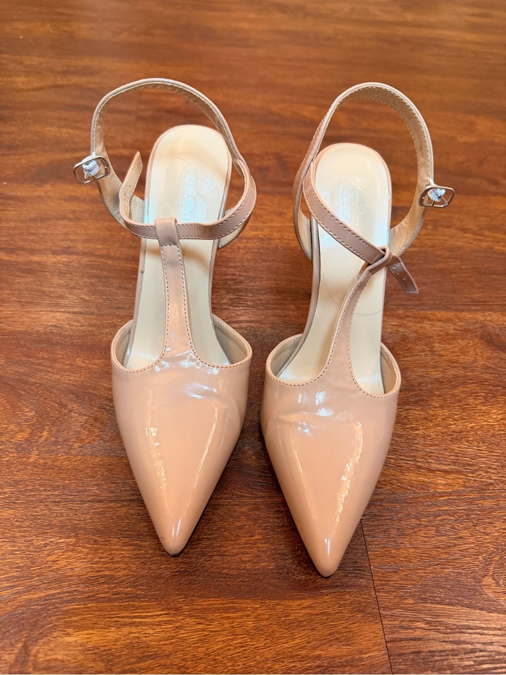 Women's Nude Patent Pointed-Toe Ankle-Strap Pumps